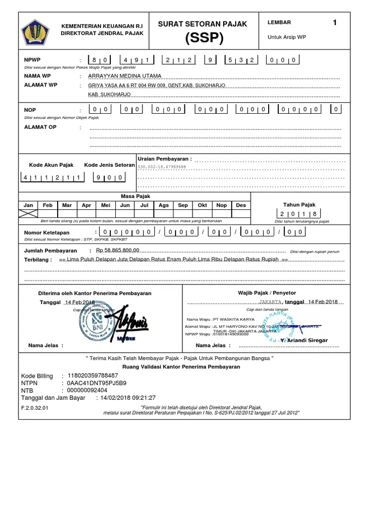 Contoh Surat Setoran Pajak yang sudah diisi