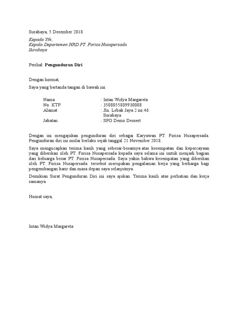 Contoh Surat resign kerja