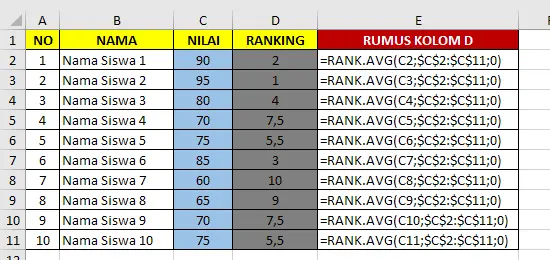 Contoh rumus ranking