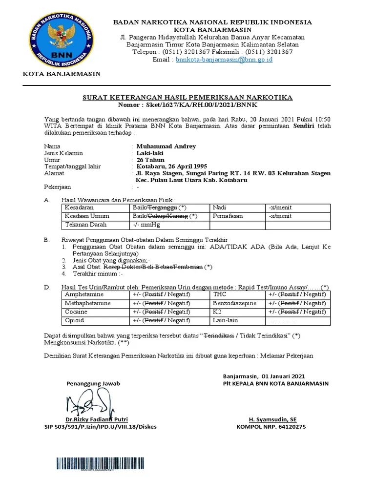 Contoh surat keterangan bebas narkoba dari BNN