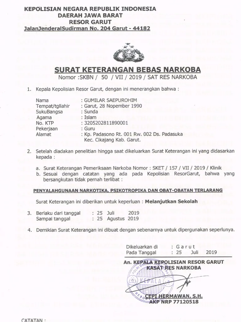 Contoh surat keterangan bebas narkoba dari Polres