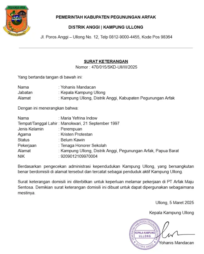 Contoh Surat Keterangan Domisili Perorangan untuk Melamar Kerja versi PDF