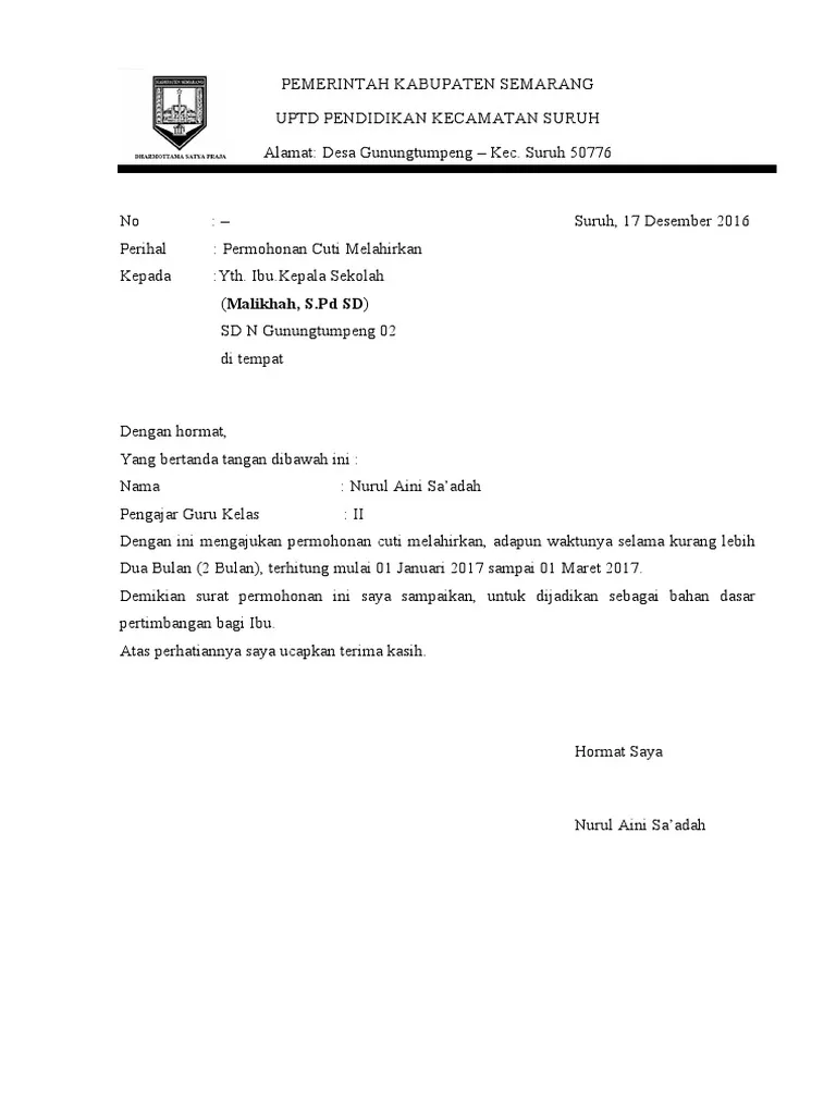 Surat Cuti Melahirkan Guru