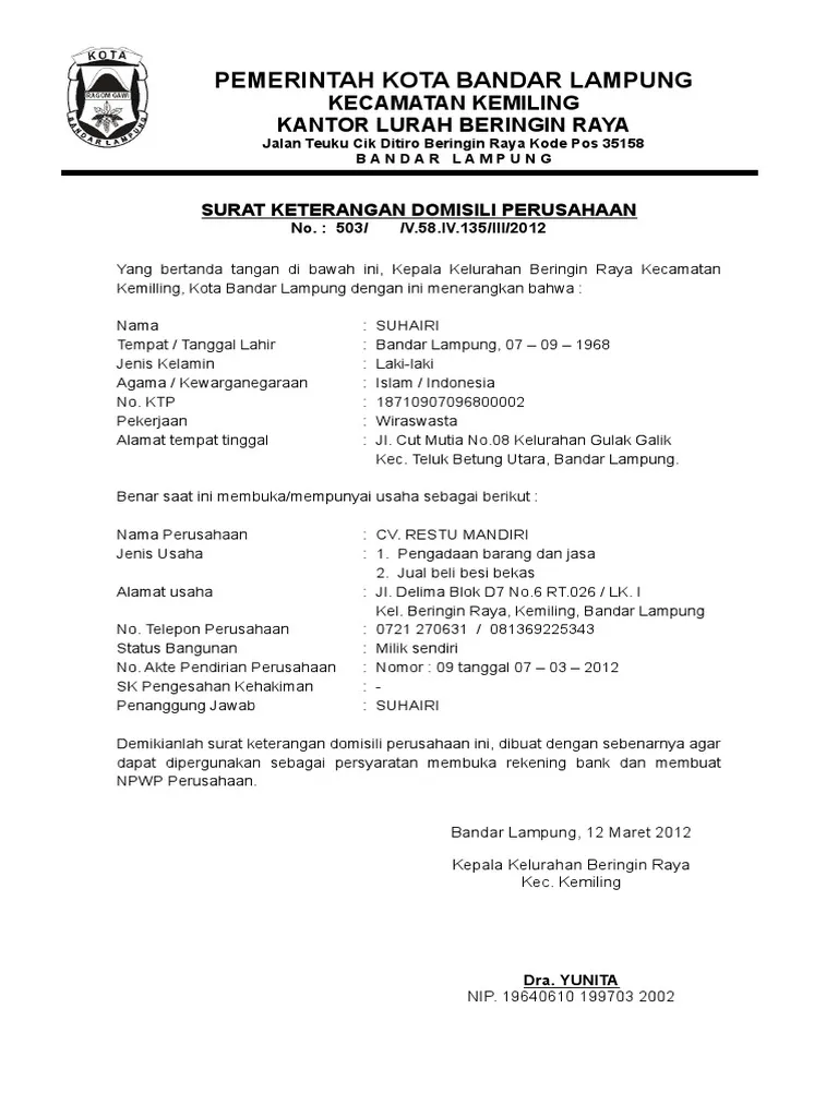 Surat Keterangan Domisili Perusahaan
