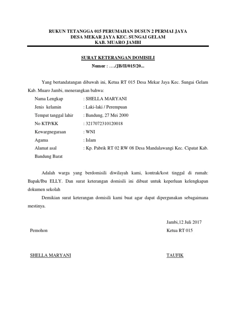 Surat Keterangan Domisili Tingkat RT:RW (Pengantar)