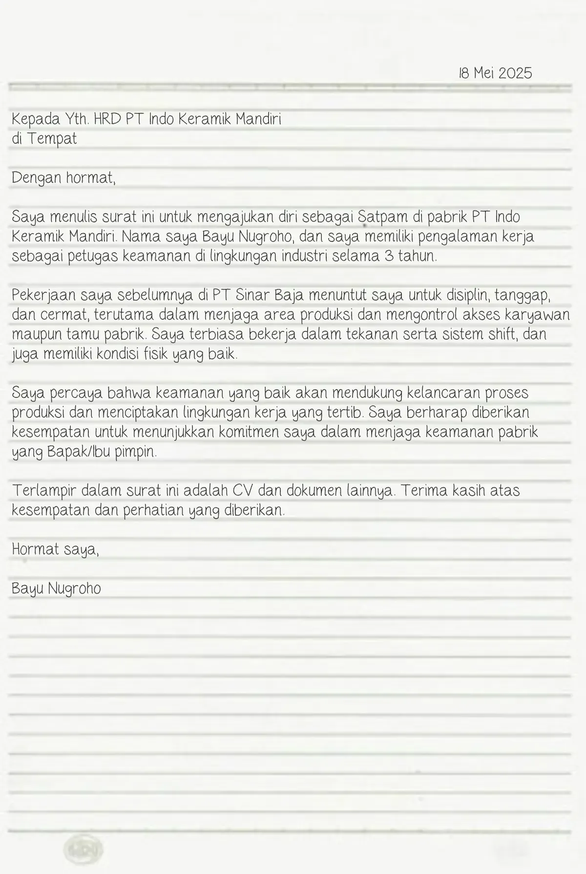 Surat Lamaran Kerja Satpam Tulis Tangan
