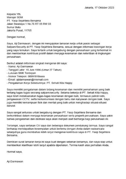 Surat Lamaran Kerja Satpam di PT/Perusahaan