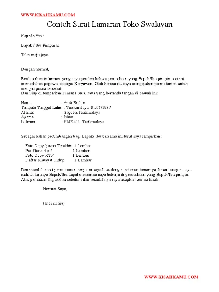 Surat Lamaran Kerja di Toko Swalayan