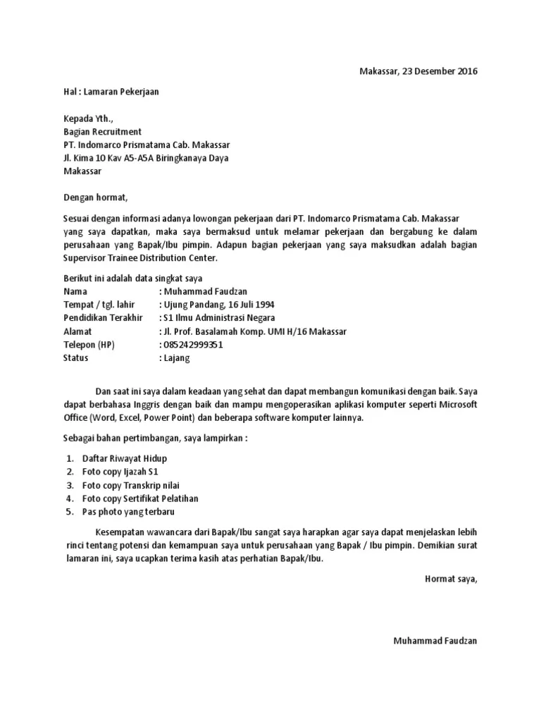 Surat Lamaran Kerja untuk Posisi Kepala Toko