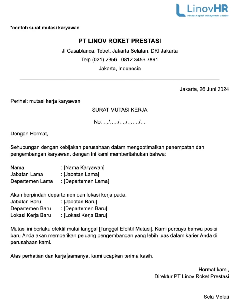contoh surat mutasi karyawan