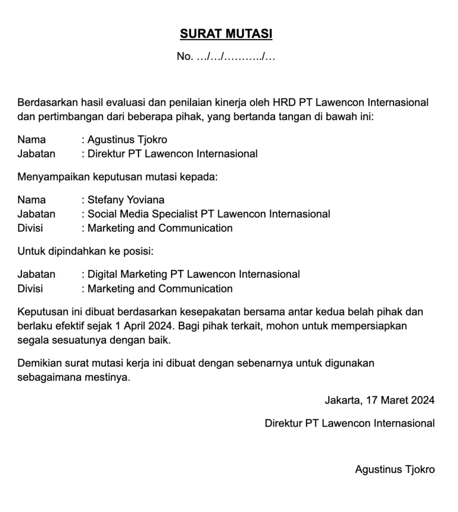 contoh surat mutasi karyawan perusahaan swasta