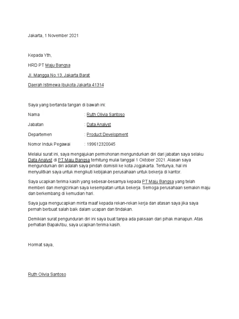 Surat Pengunduran Diri Karena Pindah Domisili