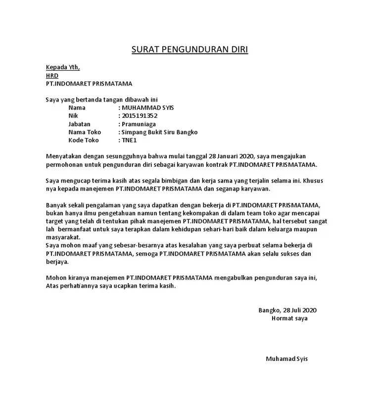 Surat Pengunduran Diri Pekerja Retail
