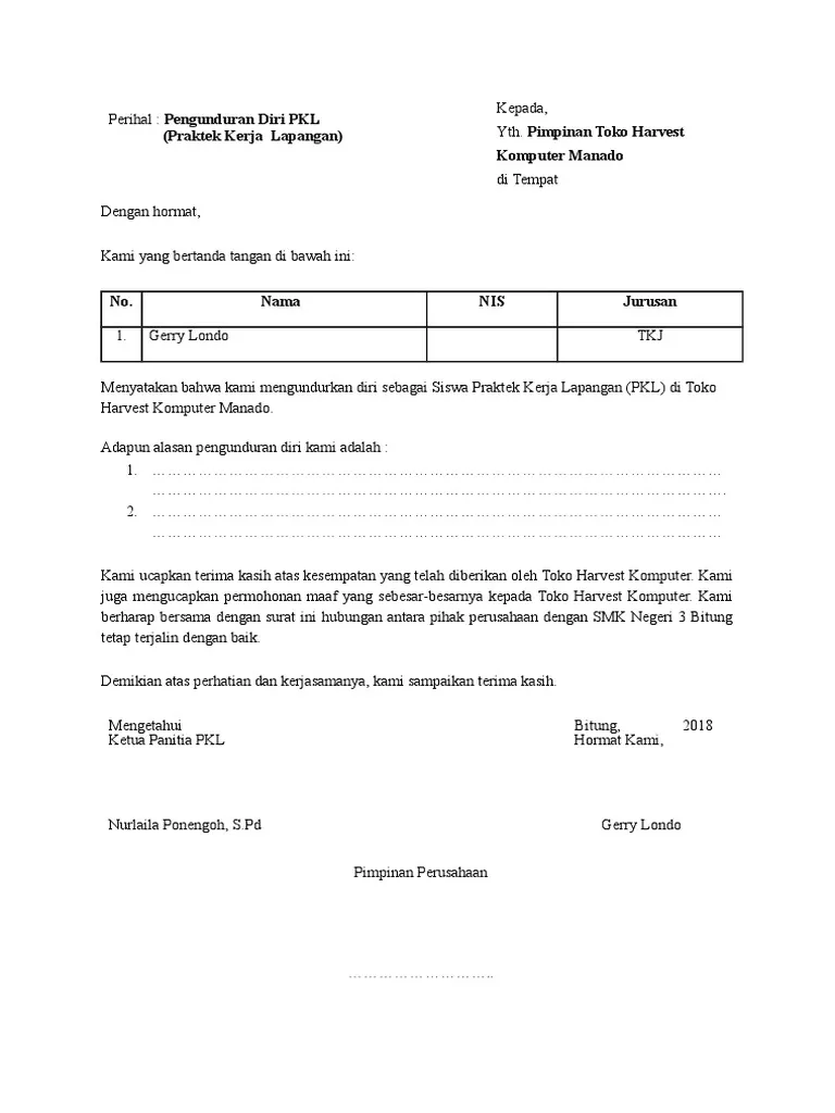 Surat Pengunduran Diri Praktik Kerja Lapangan