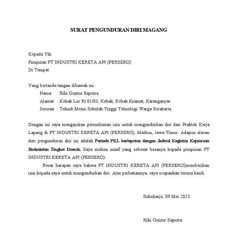 Contoh Surat Pengunduran Diri Magang