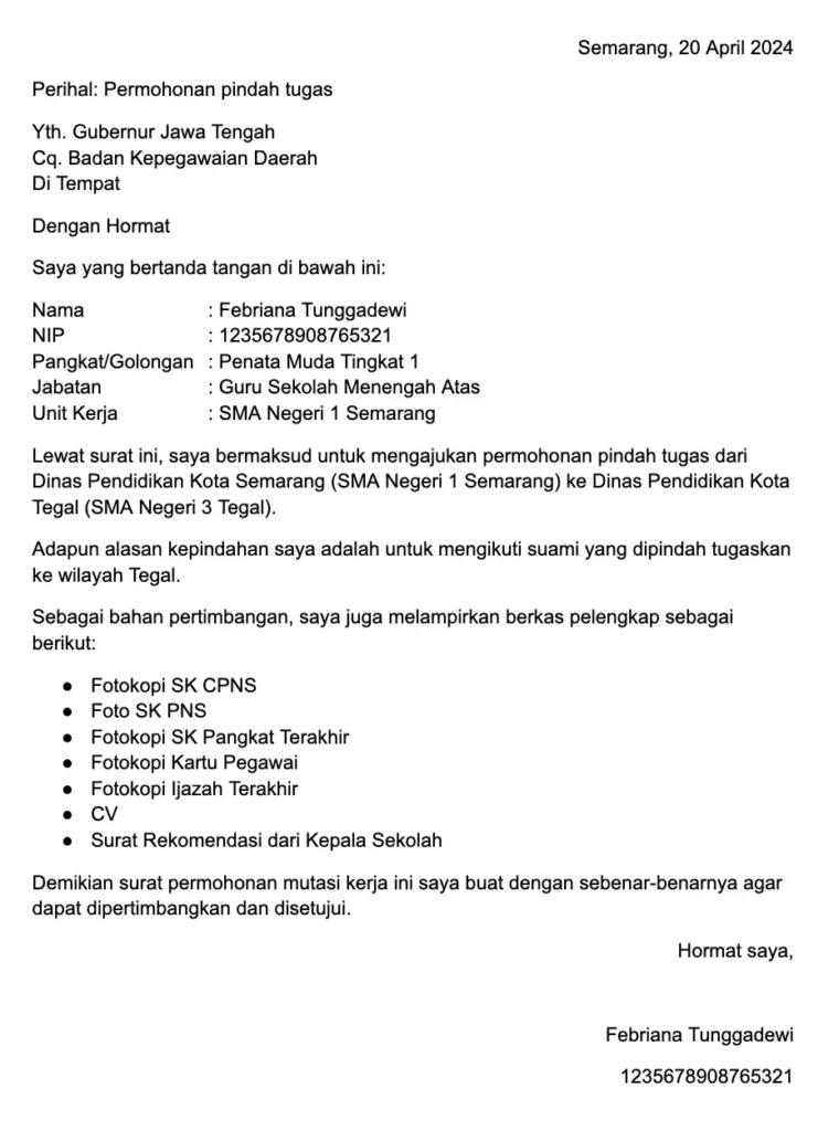 contoh surat permohonan mutasi guru pns