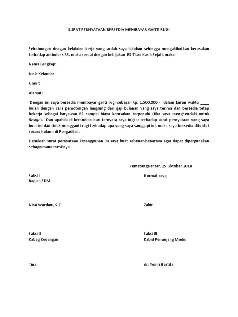 Surat Pernyataan Kesanggupan Membayar Ganti Rugi