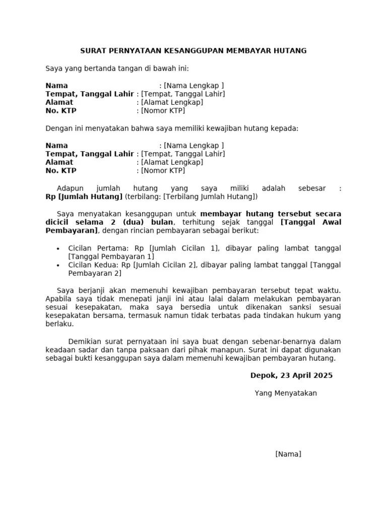 Surat Pernyataan Kesanggupan Membayar Hutang