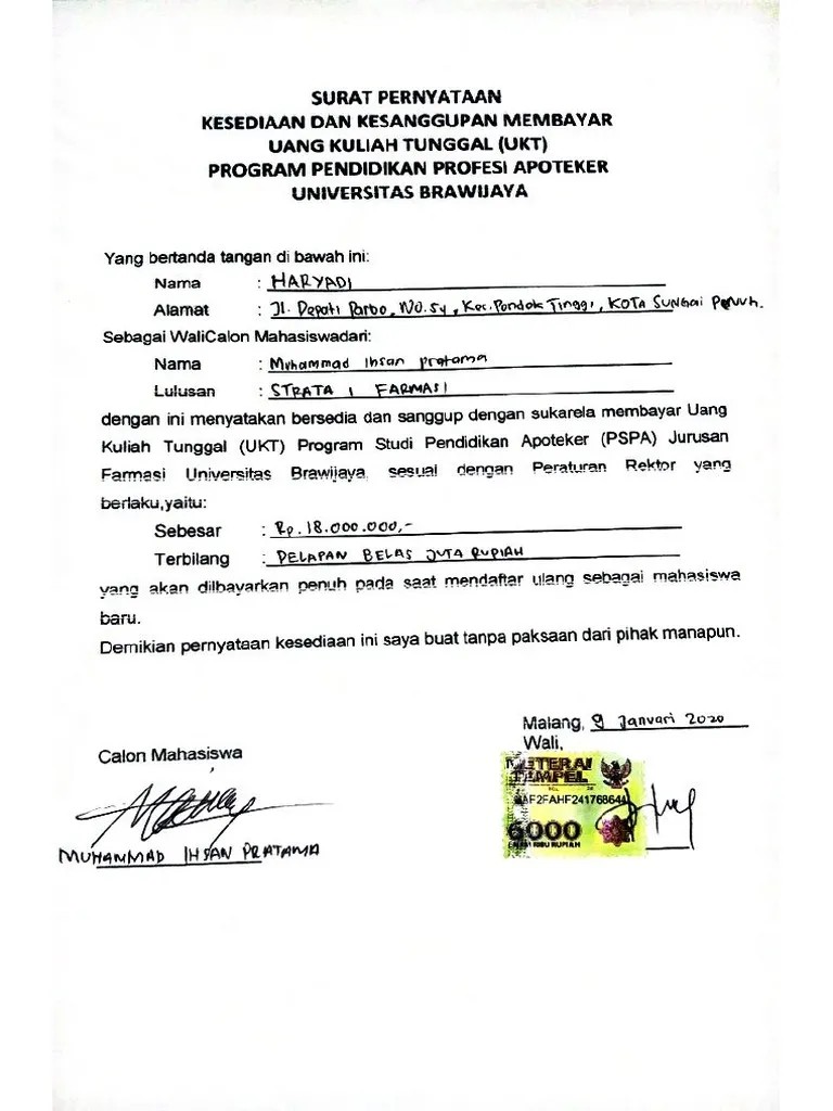 Surat Pernyataan Kesanggupan Membayar UKT