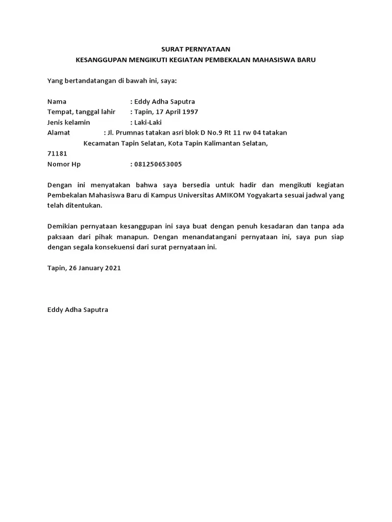 Surat Pernyataan Kesanggupan Mengikuti Kegiatan