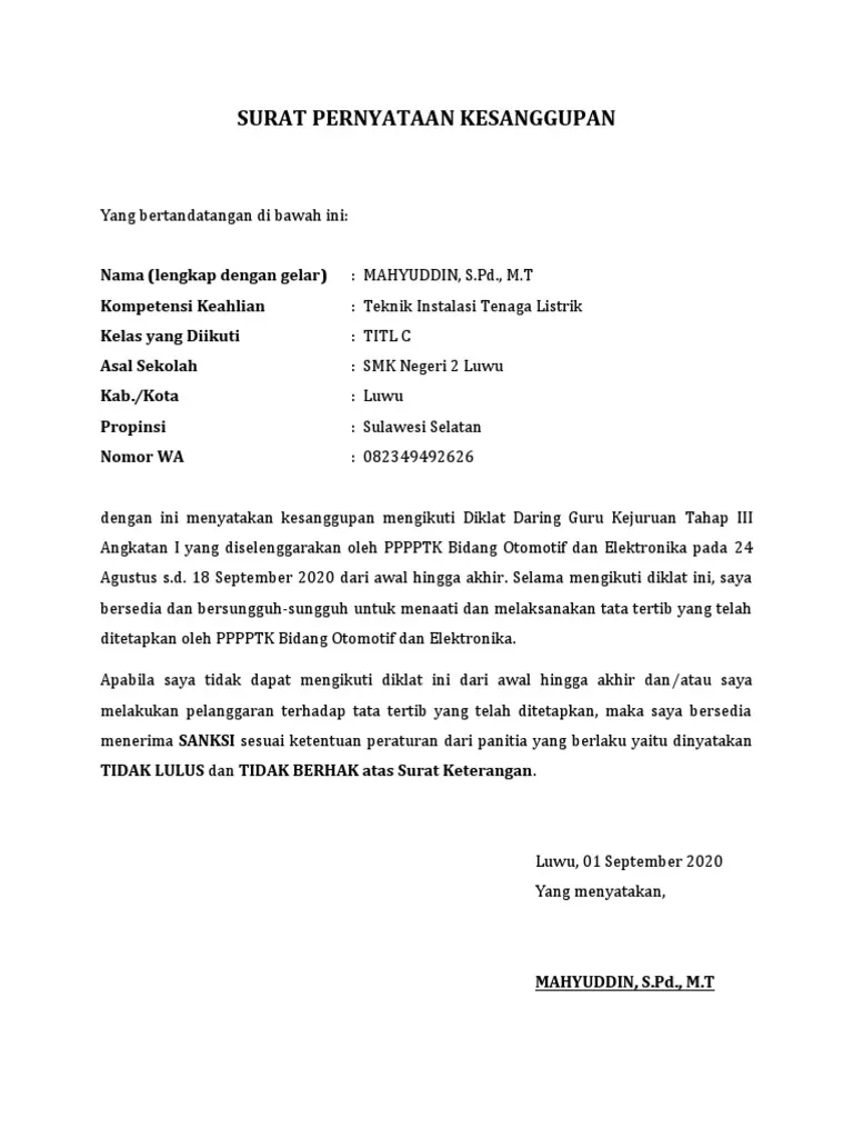 Surat Pernyataan Kesanggupan Mengikuti Pelatihan