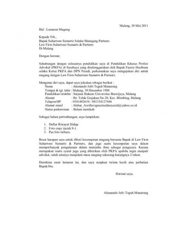 Surat Permohonan Magang Advokat