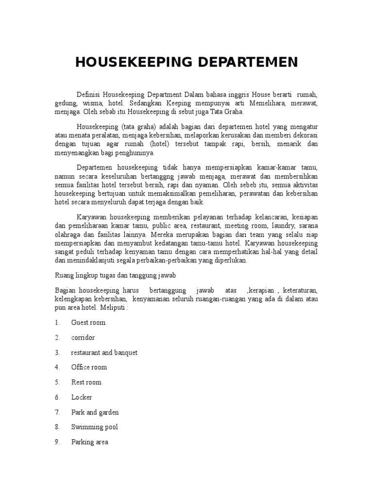 Tugas dan Tanggung Jawab Housekeeping
