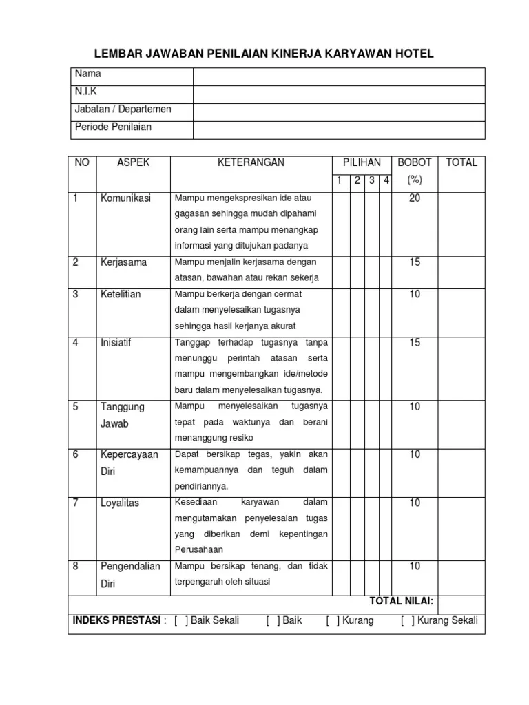 Contoh Form Appraisal Karyawan Hotel 1