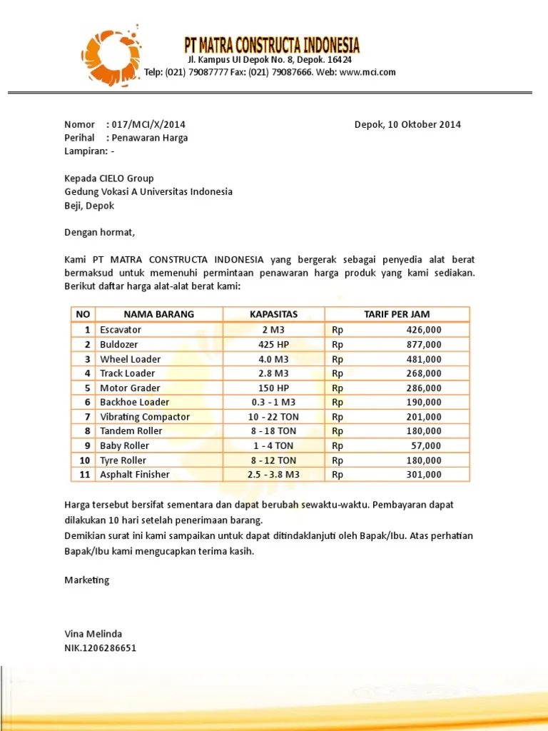 contoh surat penawaran harga