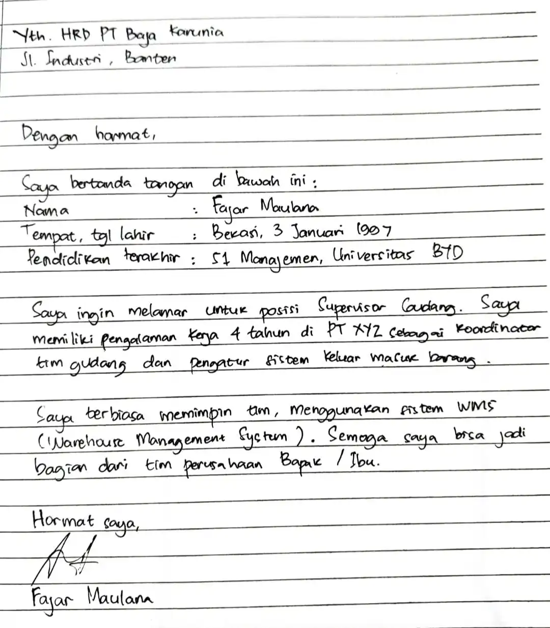 Contoh Surat Lamaran Kerja di Pabrik Tulis Tangan