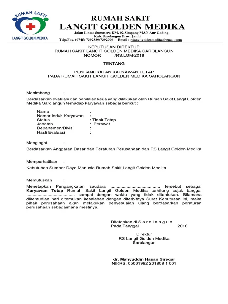 Contoh Surat Keputusan Pengangkatan Karyawan Tetap
